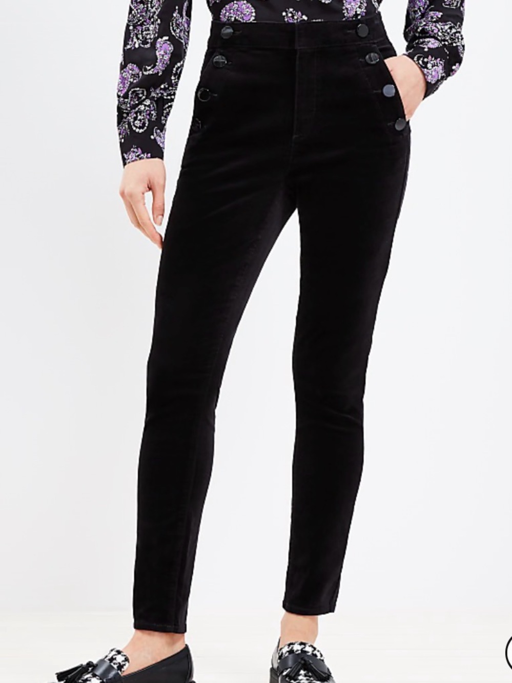 High-Waist Black Button-Front Velvet Trousers